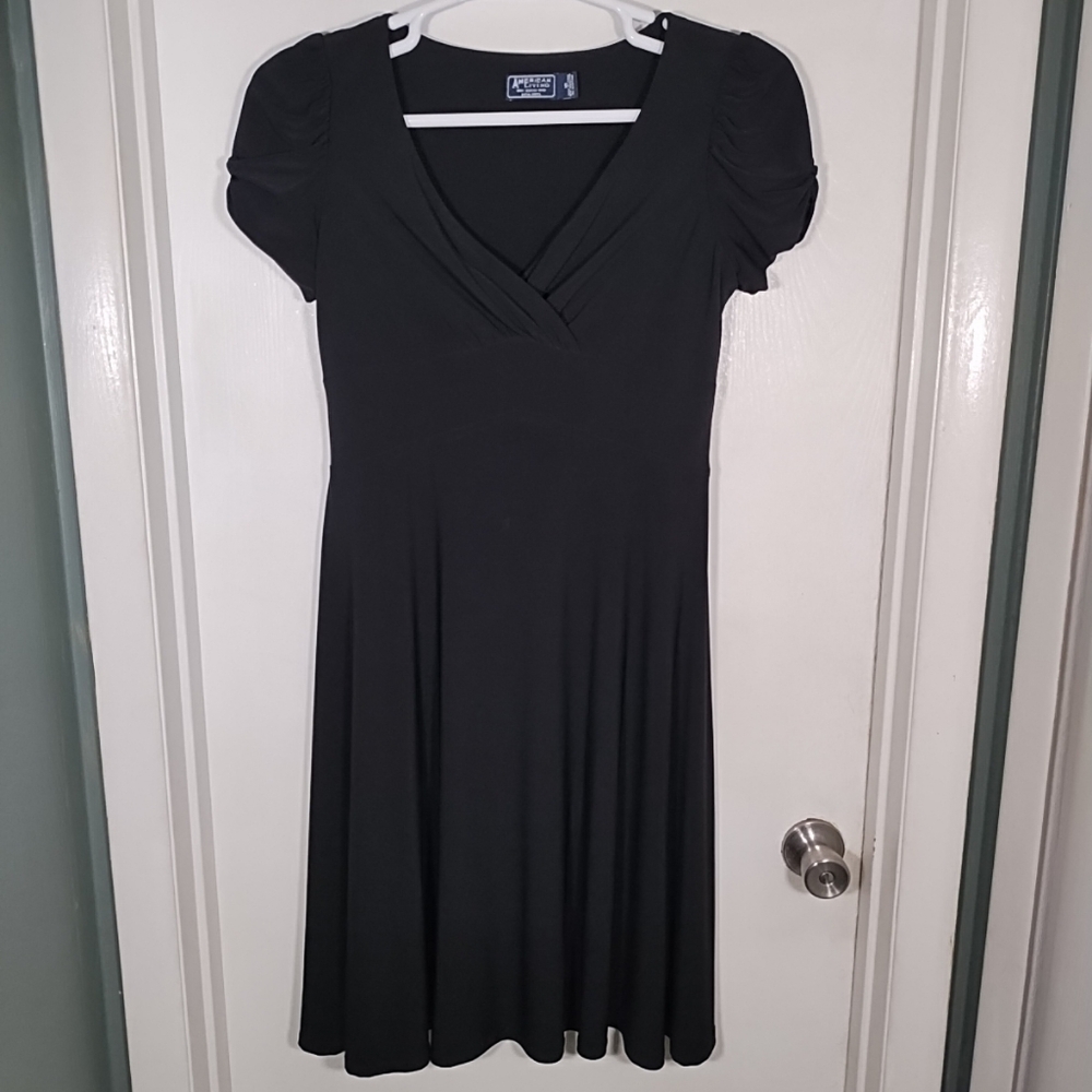 American Living 10 Black Midi Dress Faux Wrap V-neck Fit &Flare Swing Empire